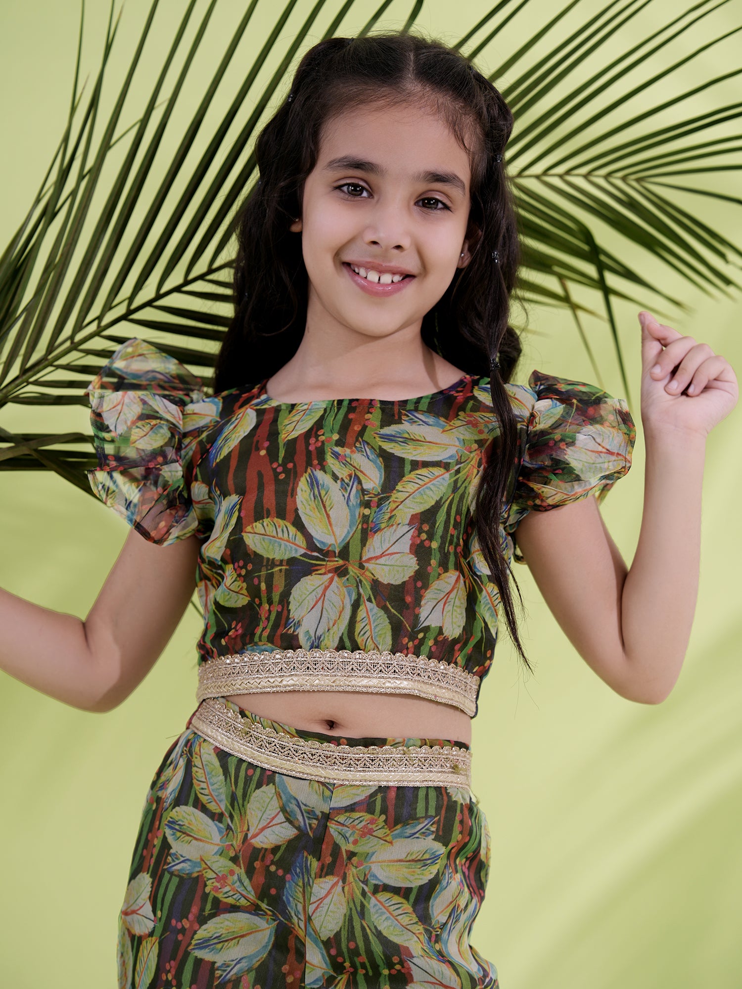 Green Organza Half Sleeves Printed Co-Ords For Girls - AJ Dezines