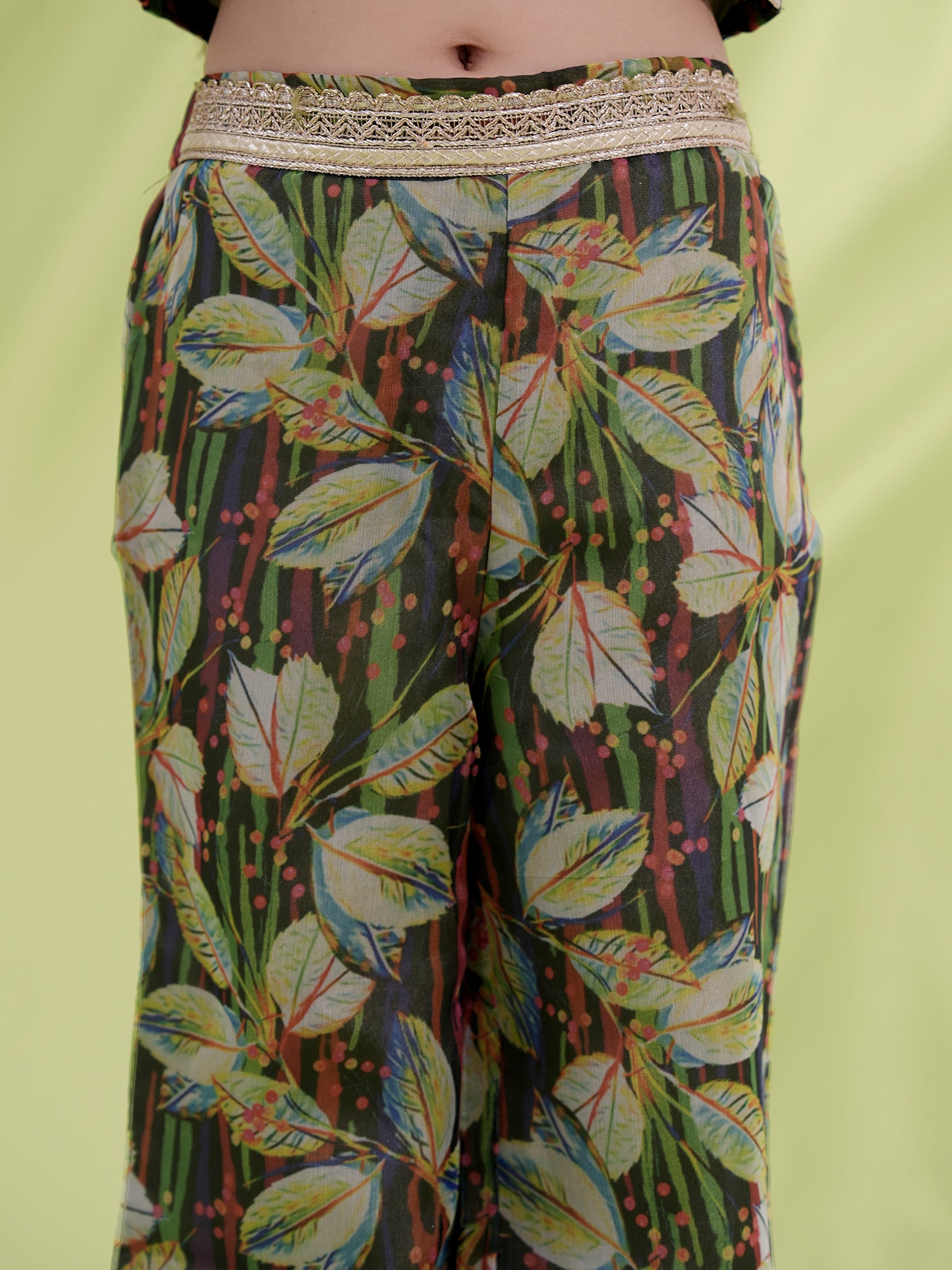 Green Organza Half Sleeves Printed Co-Ords For Girls - AJ Dezines