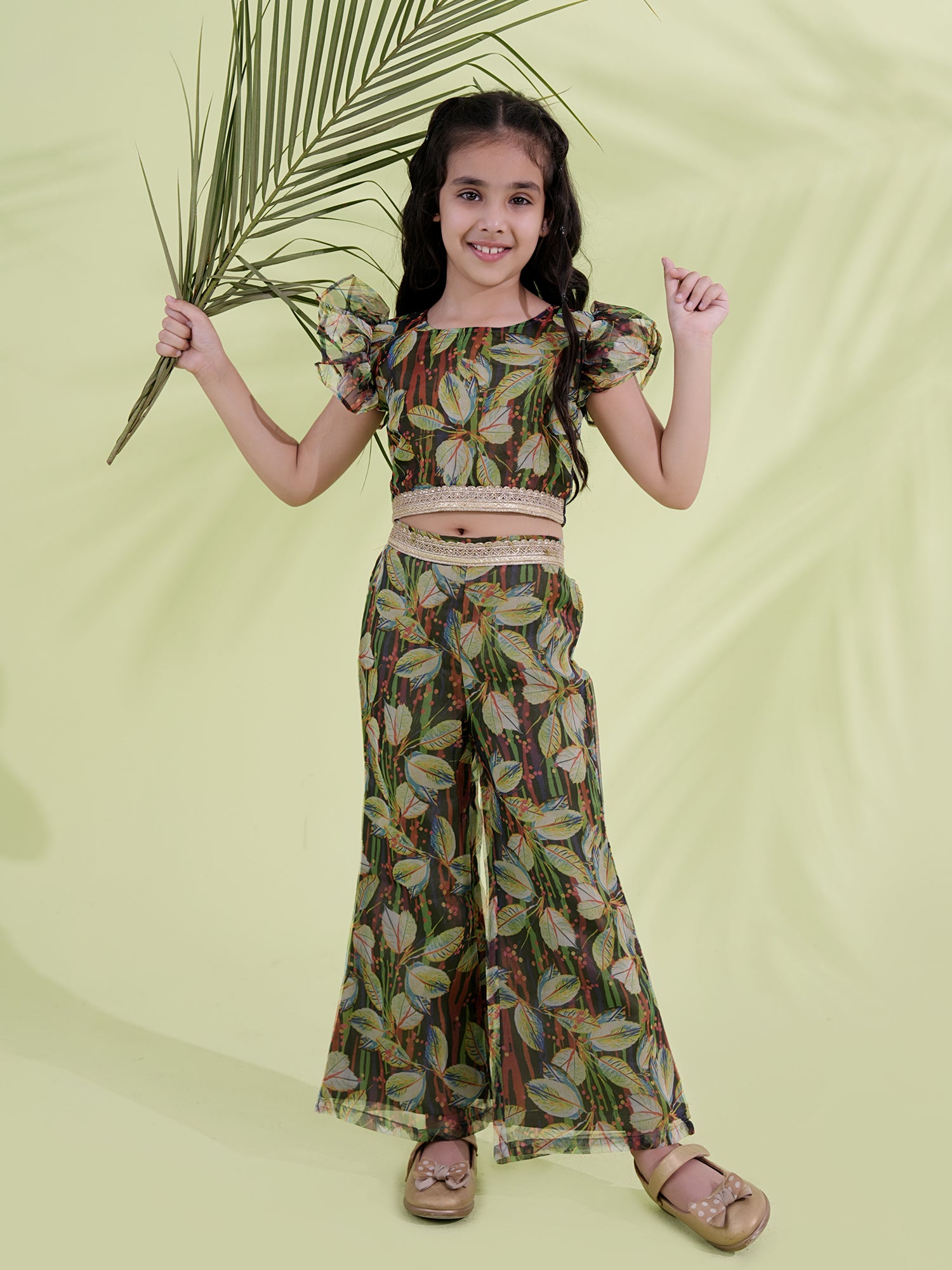 Green Organza Half Sleeves Printed Co-Ords For Girls - AJ Dezines