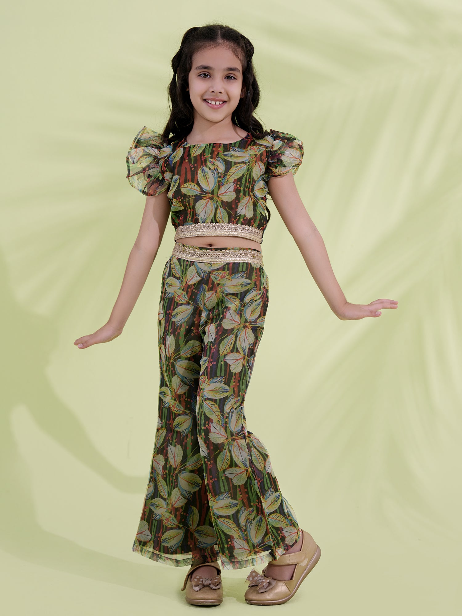 Green Organza Half Sleeves Printed Co-Ords For Girls - AJ Dezines