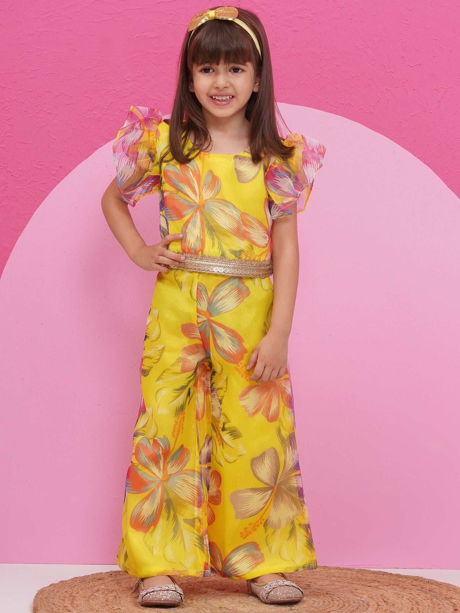Yellow Organza Half Sleeves Printed Co-Ords For Girls - AJ Dezines