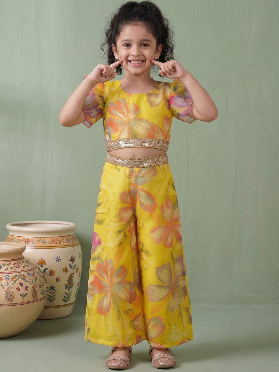Yellow Organza Half Sleeves Printed Co-Ords For Girls