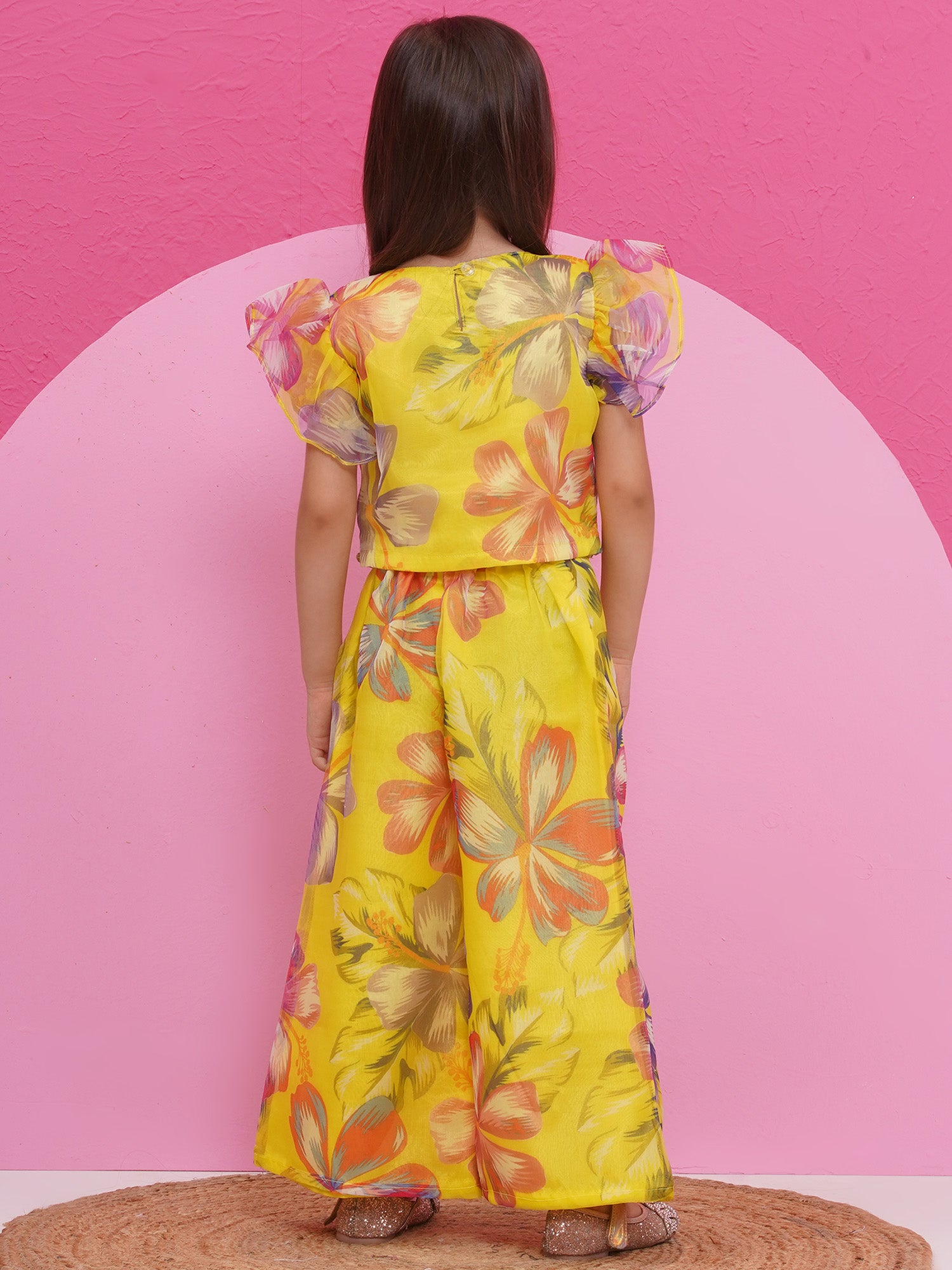 Yellow Organza Half Sleeves Printed Co-Ords For Girls - AJ Dezines
