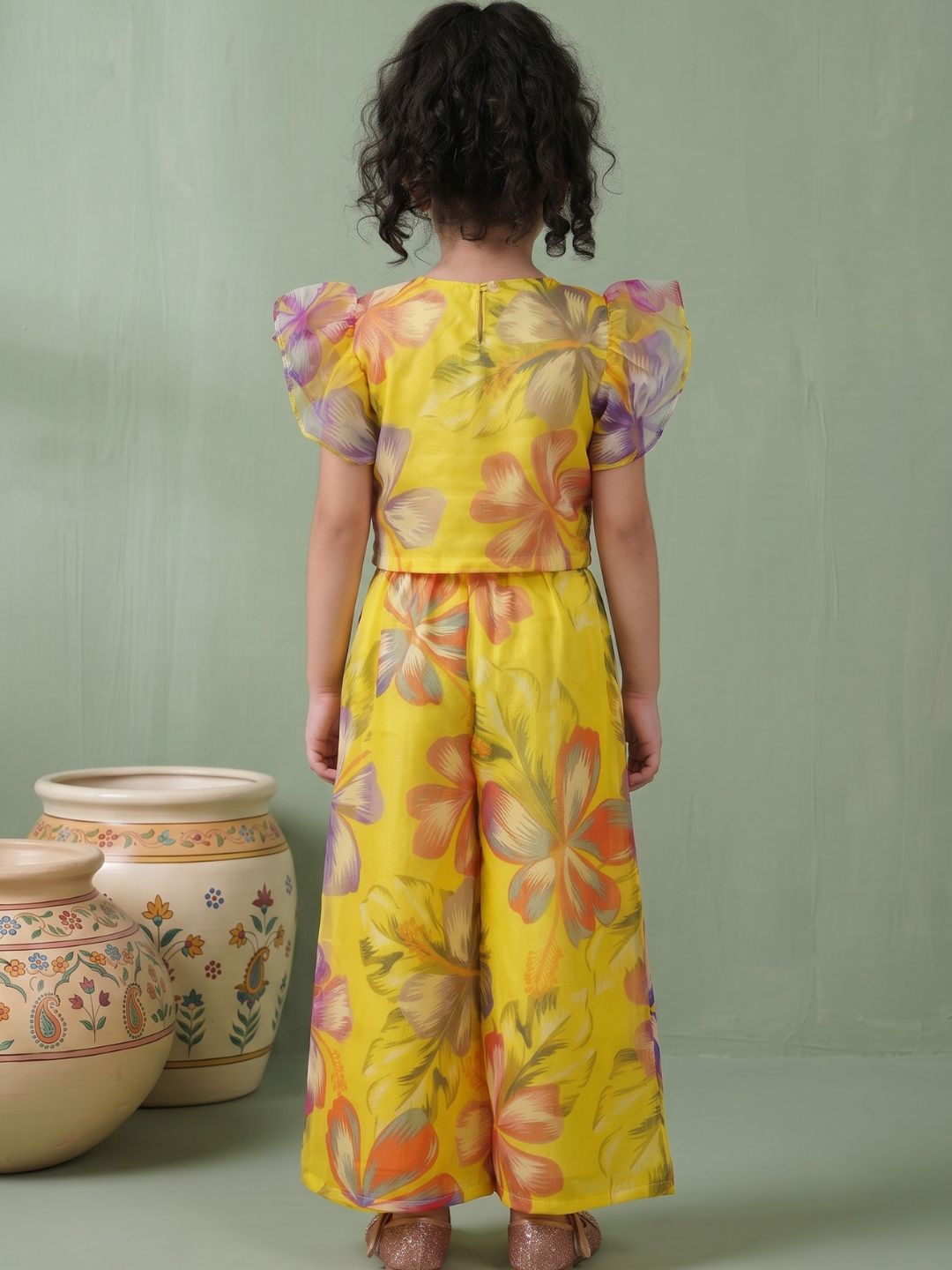 Yellow Organza Half Sleeves Printed Co-Ords For Girls