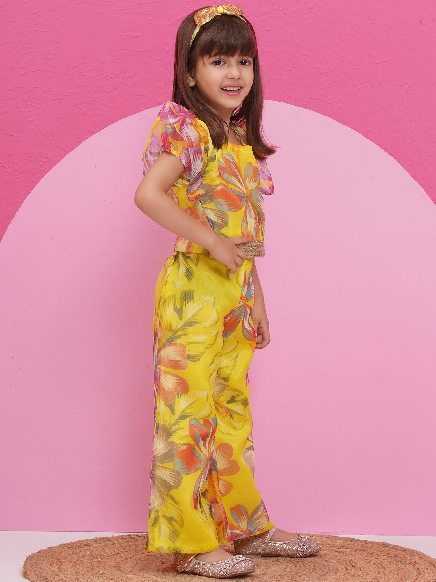 Yellow Organza Half Sleeves Printed Co-Ords For Girls - AJ Dezines
