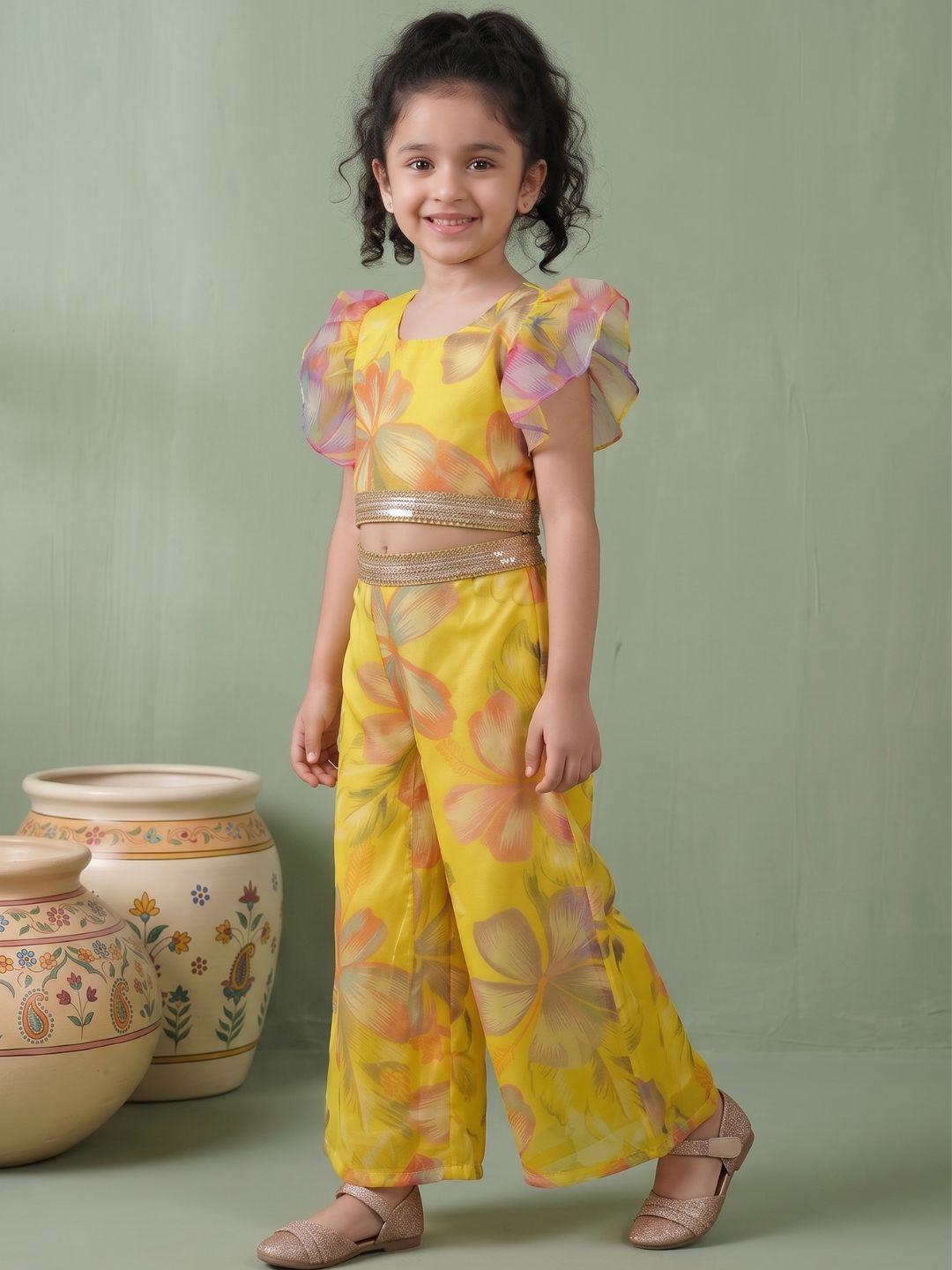 Yellow Organza Half Sleeves Printed Co-Ords For Girls