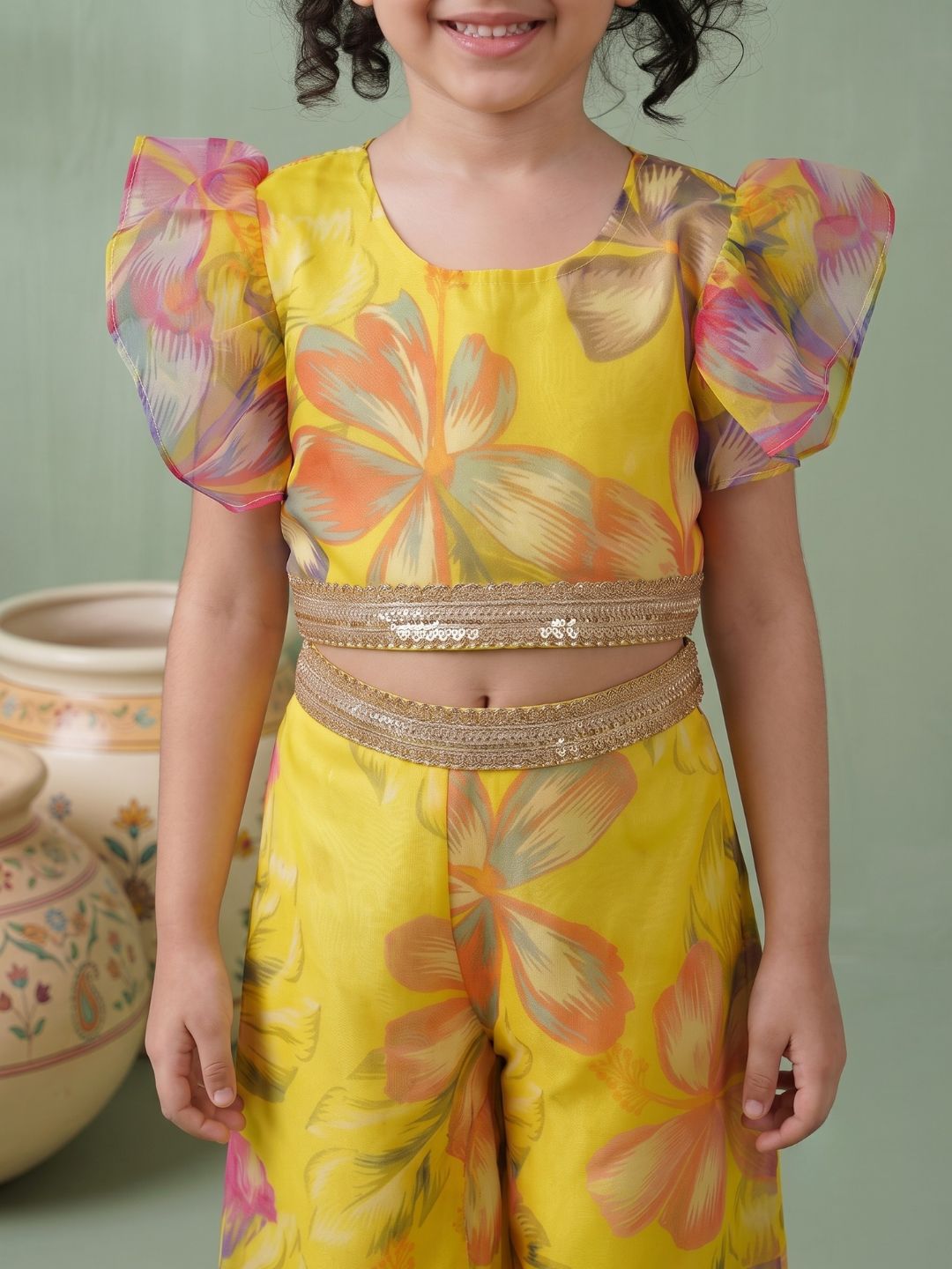 Yellow Organza Half Sleeves Printed Co-Ords For Girls