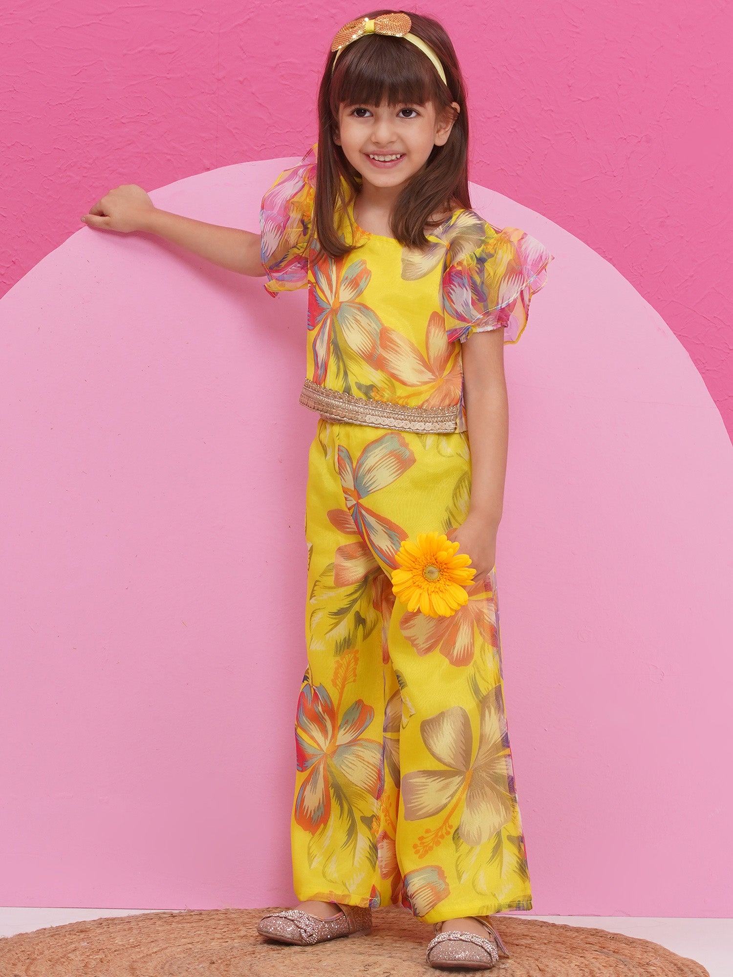 Yellow Organza Half Sleeves Printed Co-Ords For Girls - AJ Dezines