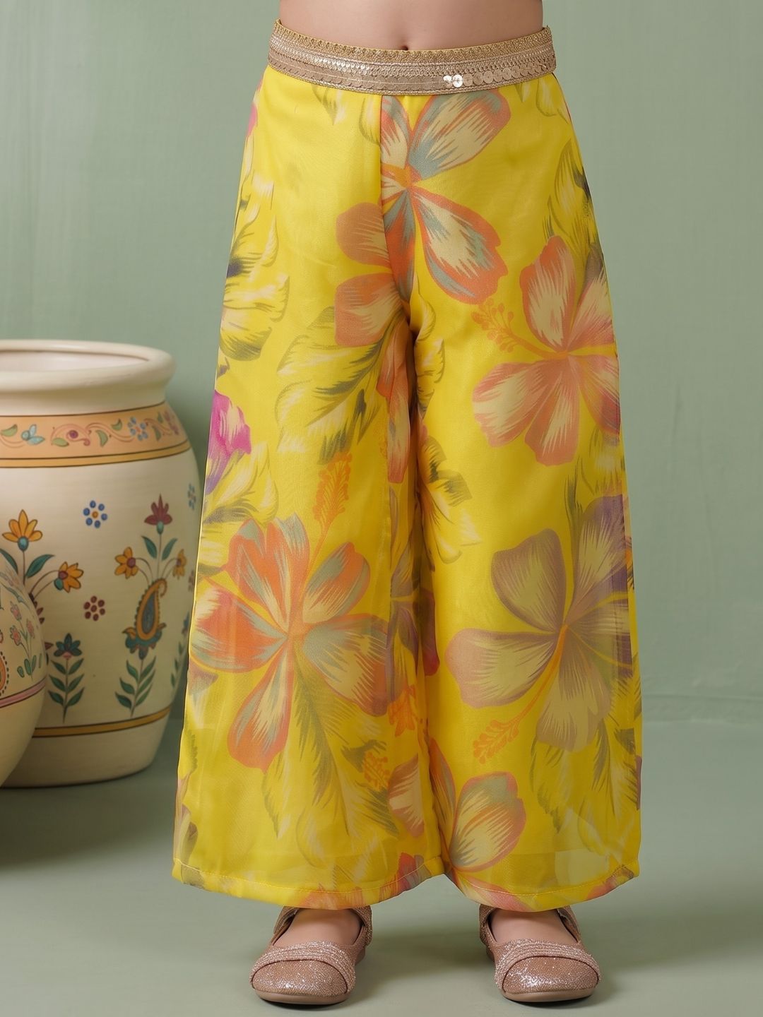 Yellow Organza Half Sleeves Printed Co-Ords For Girls