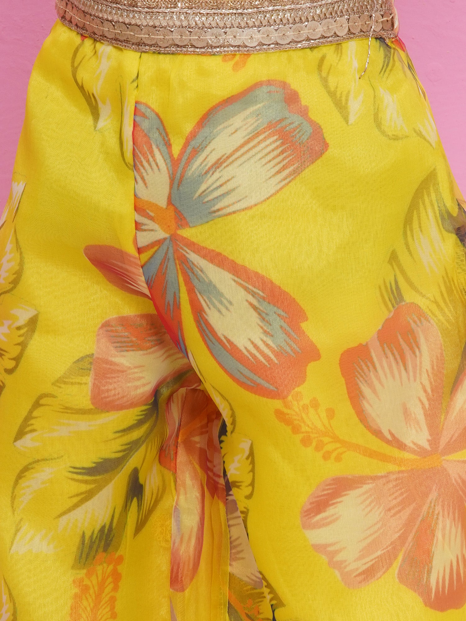 Yellow Organza Half Sleeves Printed Co-Ords For Girls - AJ Dezines