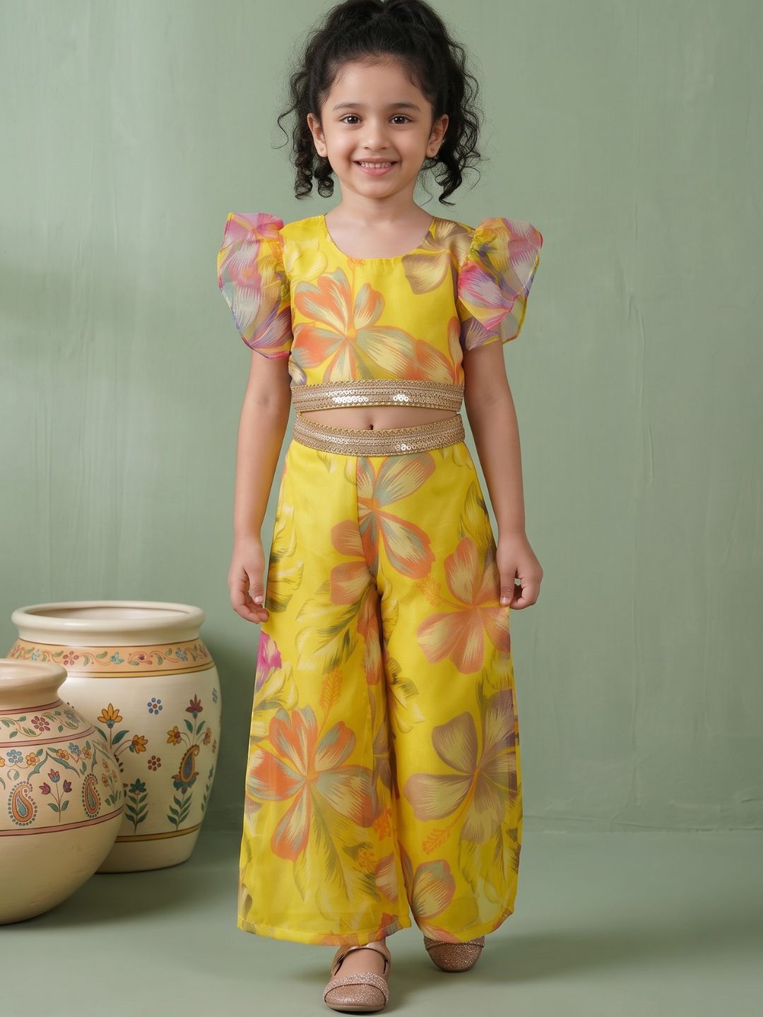 Yellow Organza Half Sleeves Printed Co-Ords For Girls