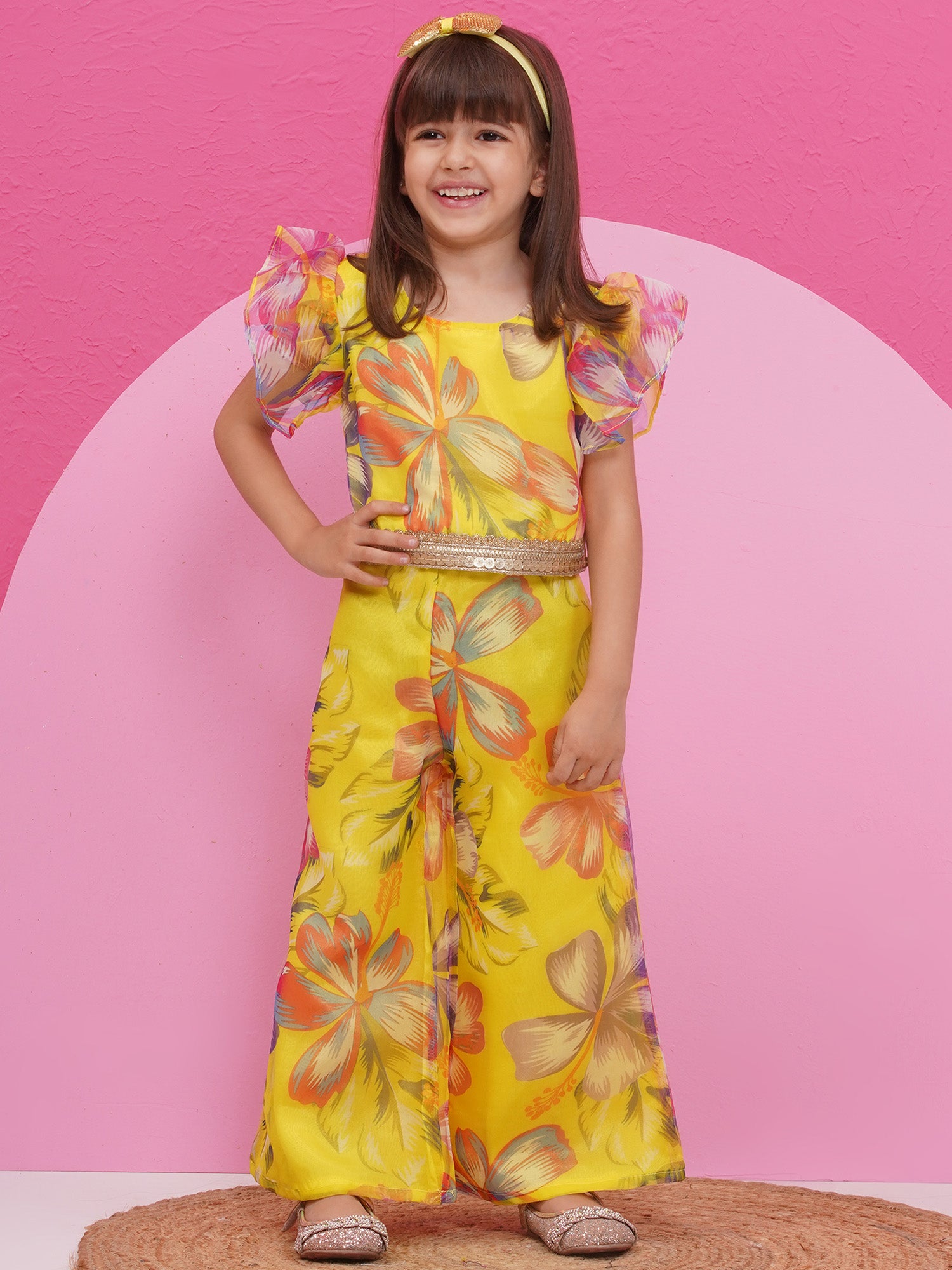 Yellow Organza Half Sleeves Printed Co-Ords For Girls - AJ Dezines