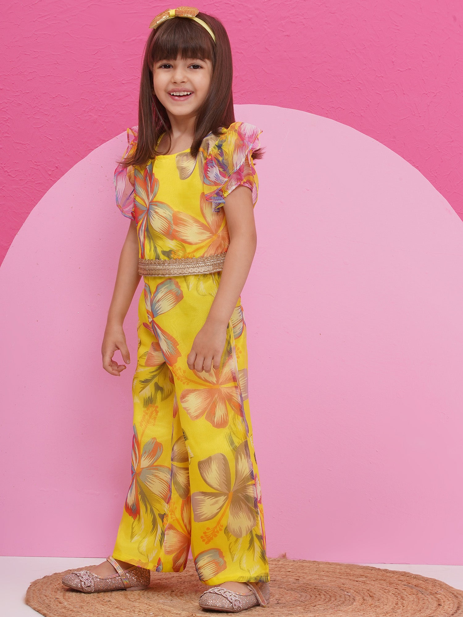 Yellow Organza Half Sleeves Printed Co-Ords For Girls - AJ Dezines