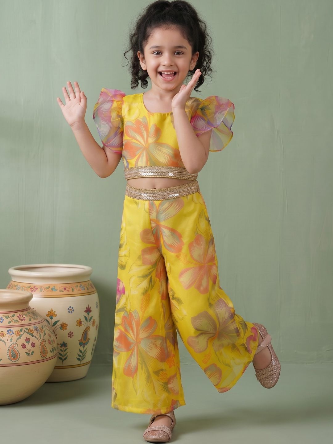 Yellow Organza Half Sleeves Printed Co-Ords For Girls