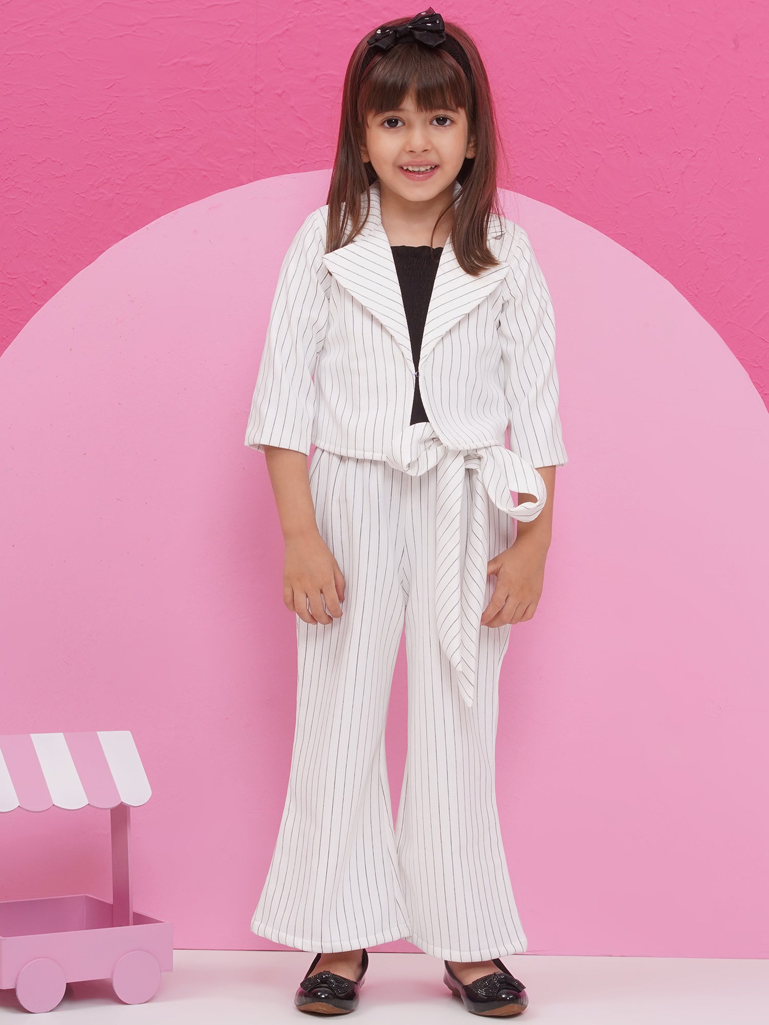 White Cotton Blend Three-Fourth Sleeves Stripes Co-Ords For Girls - AJ Dezines