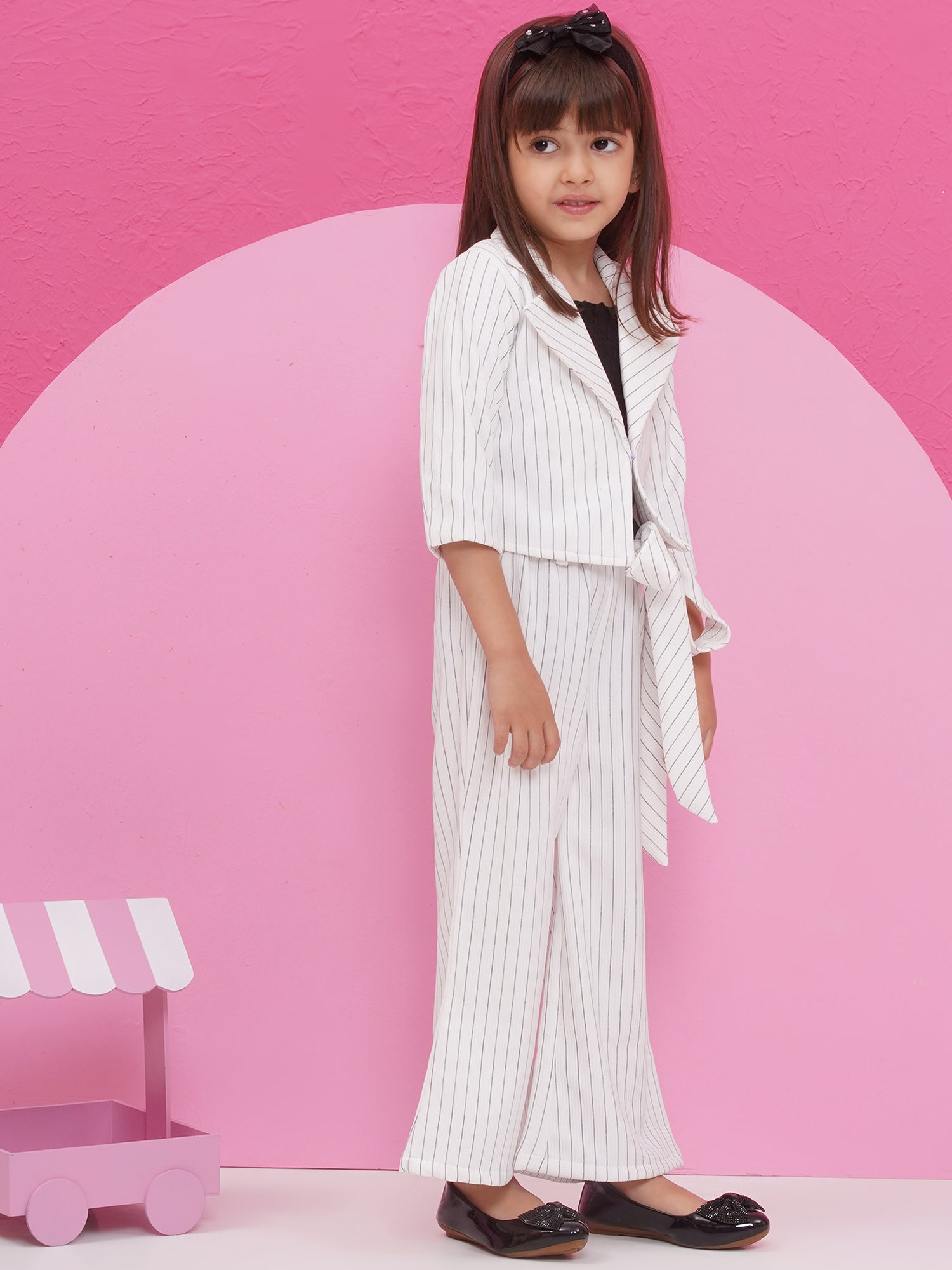 White Cotton Blend Three-Fourth Sleeves Stripes Co-Ords For Girls - AJ Dezines