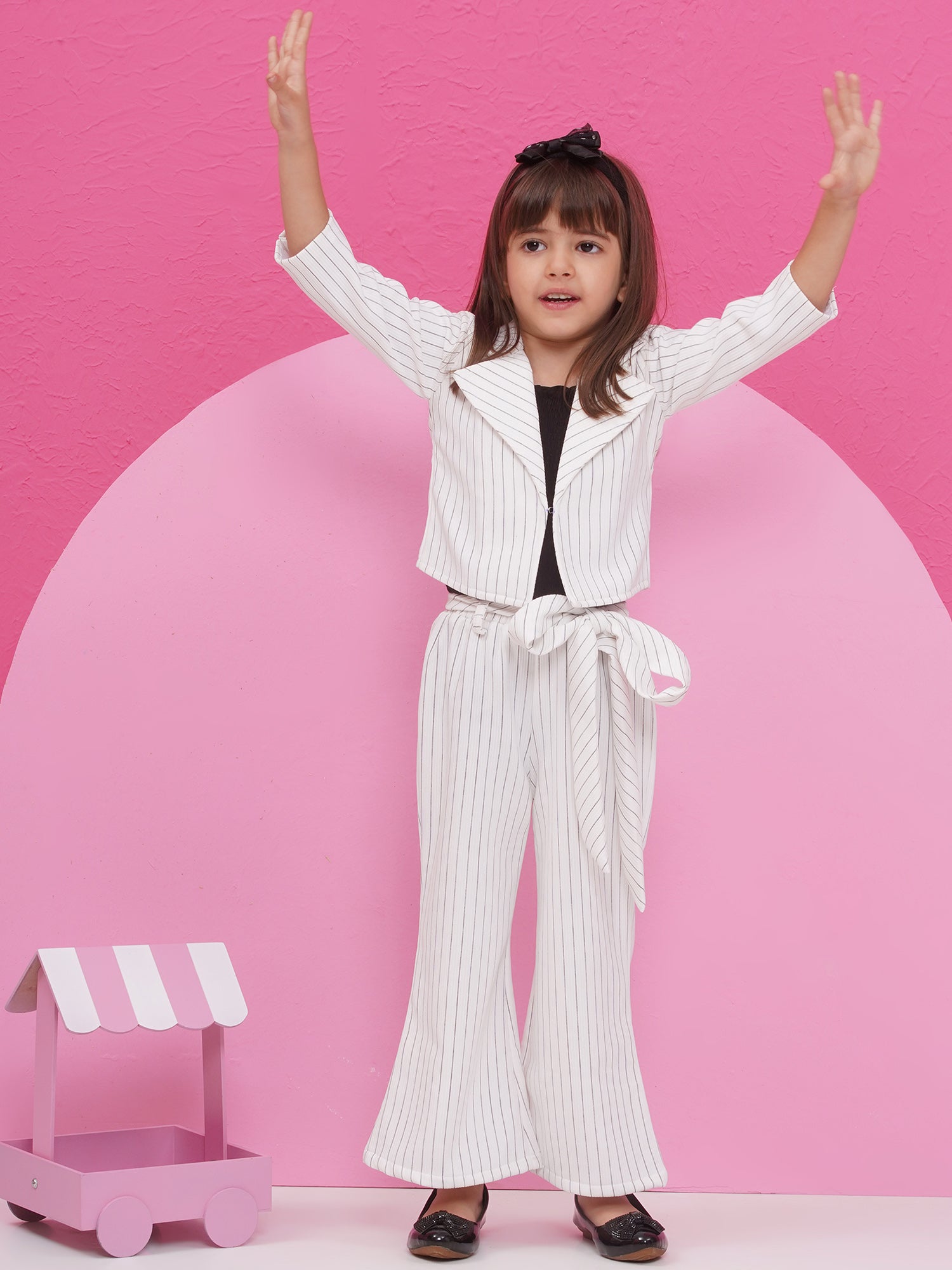 White Cotton Blend Three-Fourth Sleeves Stripes Co-Ords For Girls - AJ Dezines