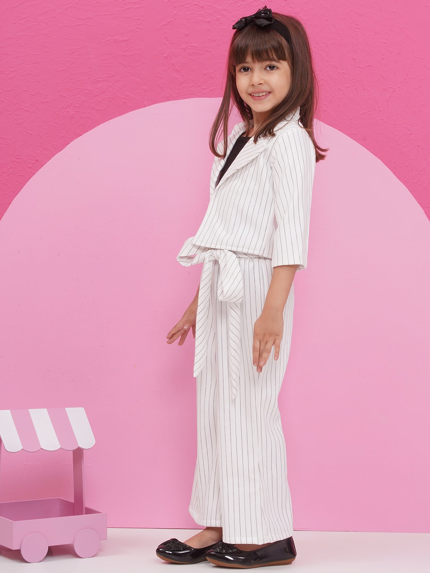 White Cotton Blend Three-Fourth Sleeves Stripes Co-Ords For Girls - AJ Dezines