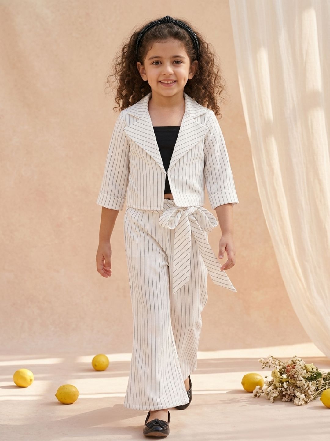White Cotton Blend Three-Fourth Sleeves Stripes Co-Ords For Girls - AJ Dezines