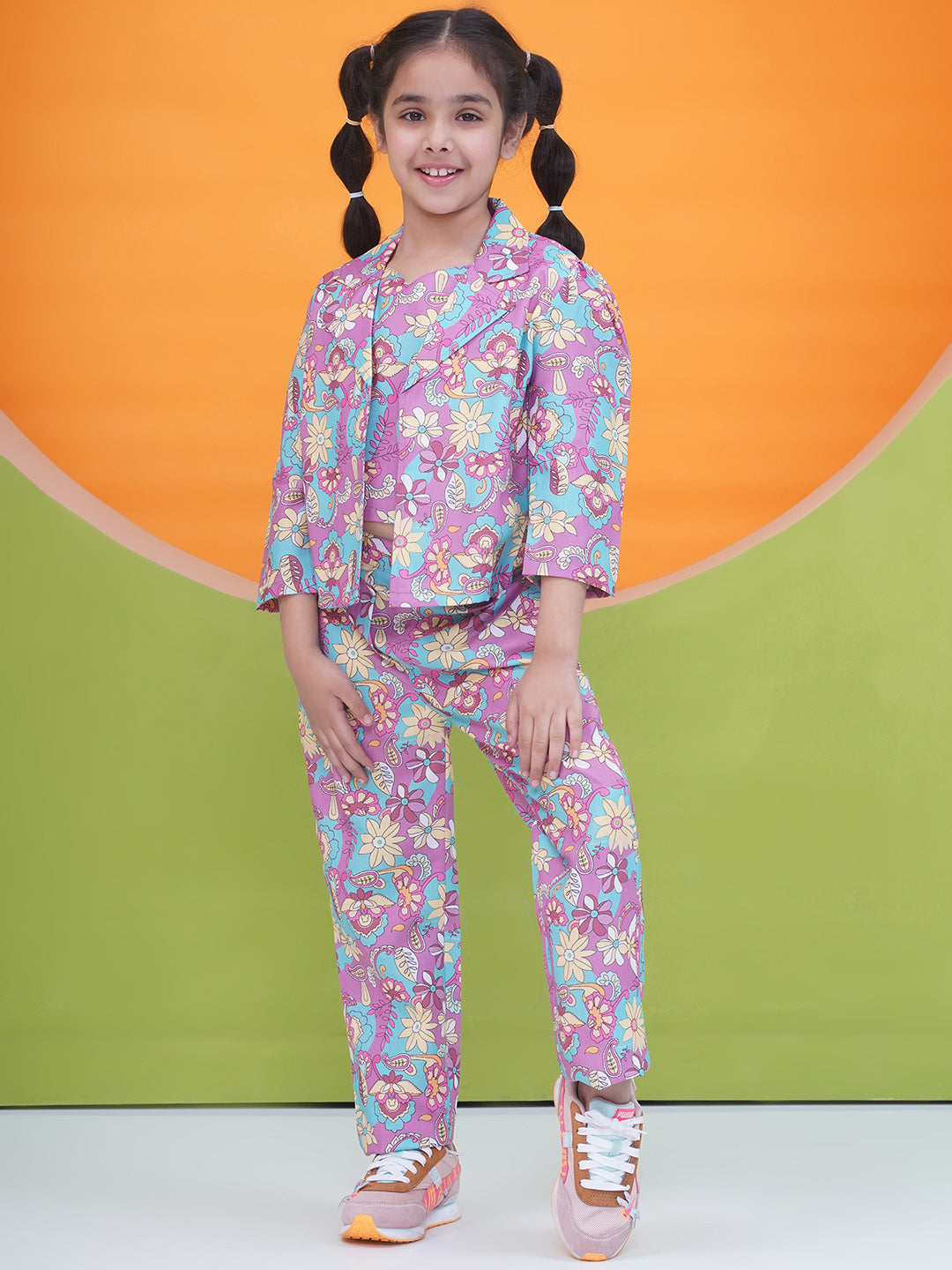 Blue Cotton 3/4th Sleeves Floral Print Girls Co-Ords  for Girls - AJ Dezines