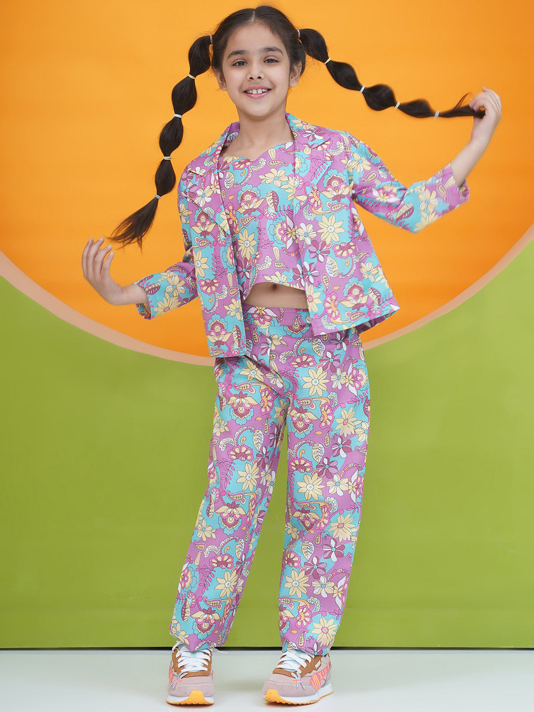 Blue Cotton 3/4th Sleeves Floral Print Girls Co-Ords  for Girls - AJ Dezines