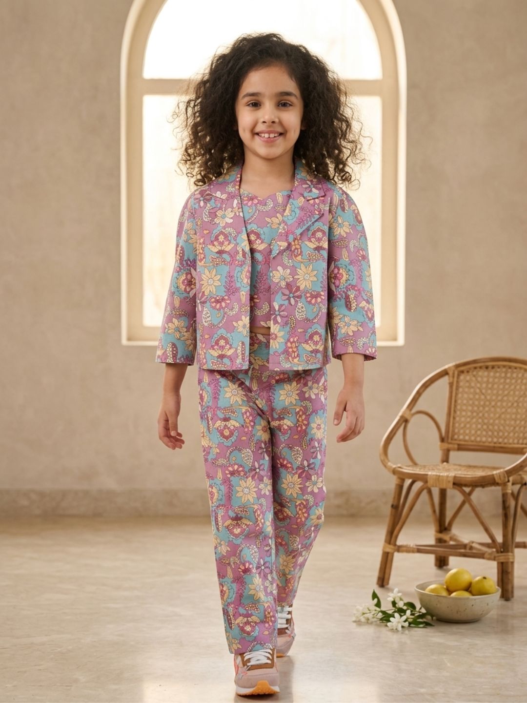 Blue Cotton 3/4th Sleeves Floral Print Girls Co-Ords  for Girls - AJ Dezines