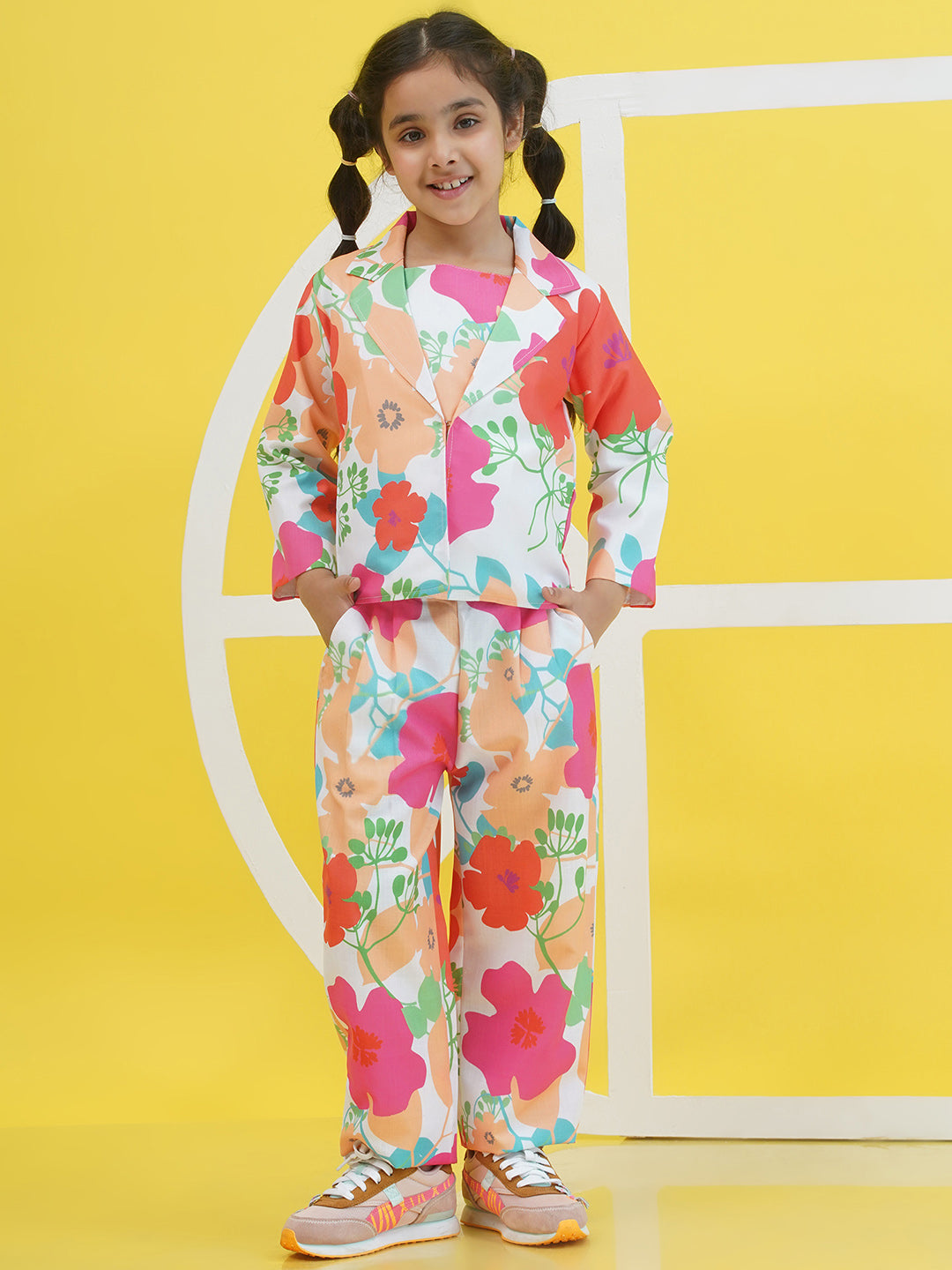 Multi Cotton 3/4th Sleeves Floral Print Girls Co-Ords  for Girls - AJ Dezines