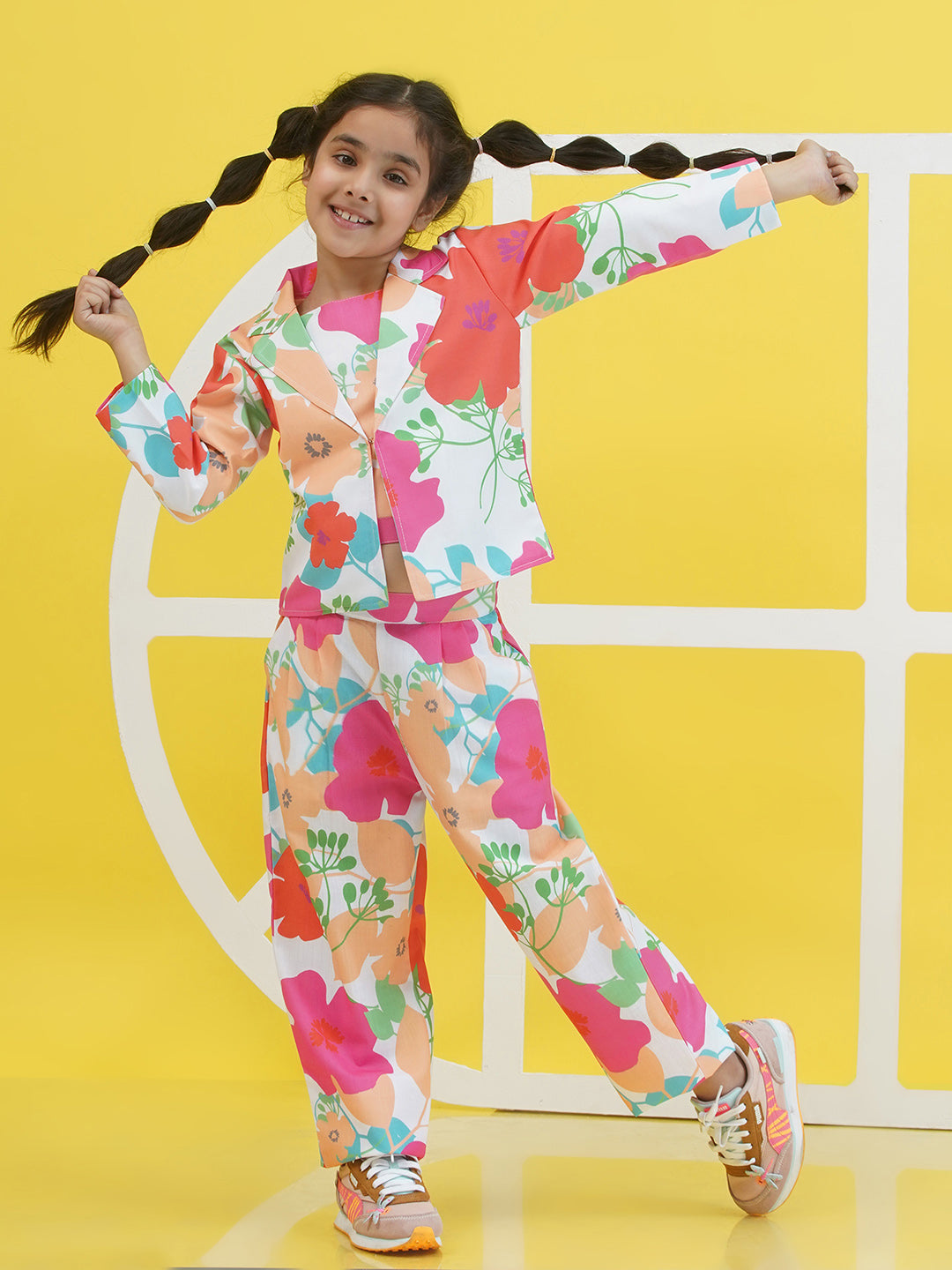 Multi Cotton 3/4th Sleeves Floral Print Girls Co-Ords  for Girls - AJ Dezines