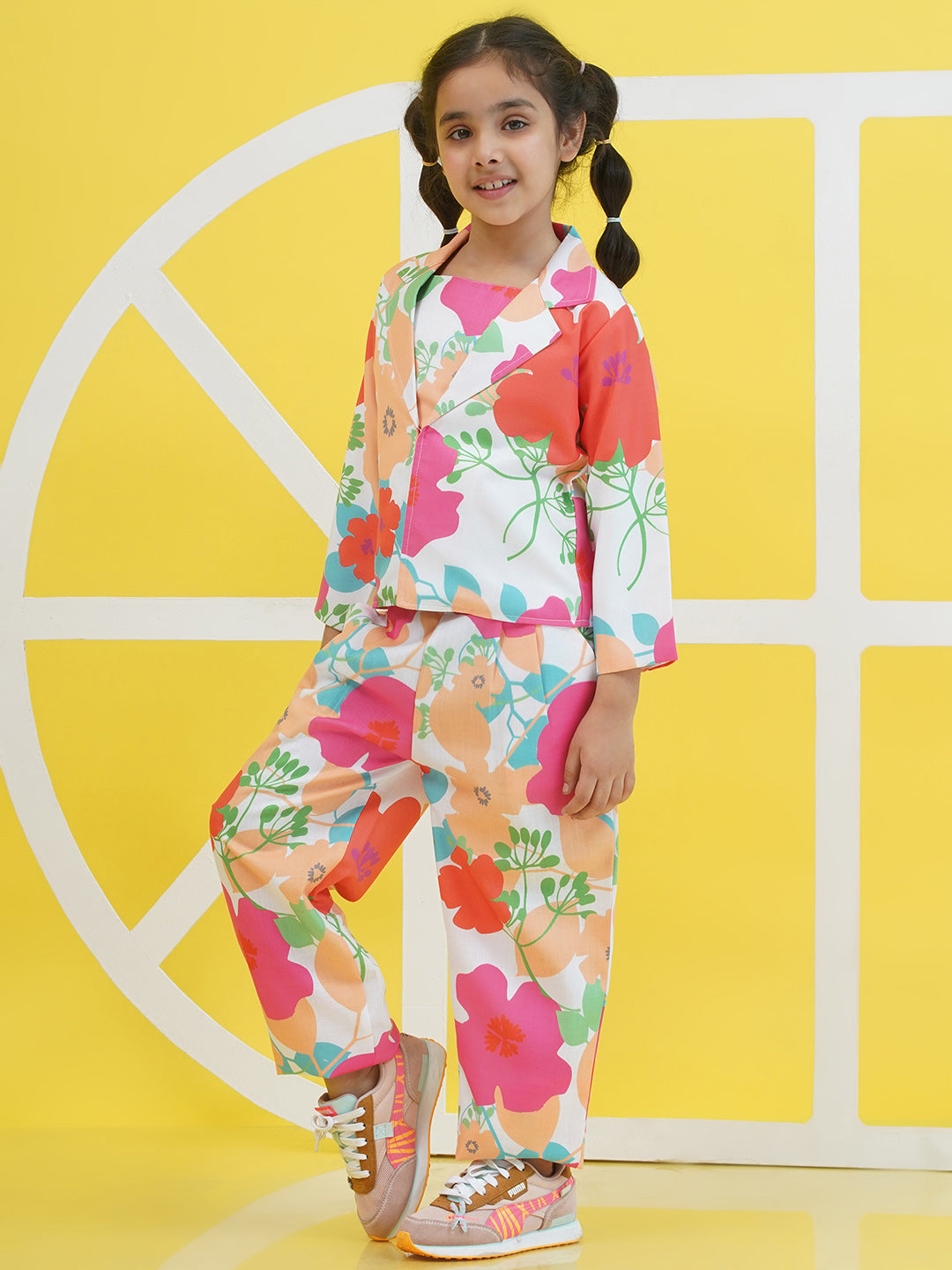 Multi Cotton 3/4th Sleeves Floral Print Girls Co-Ords  for Girls - AJ Dezines