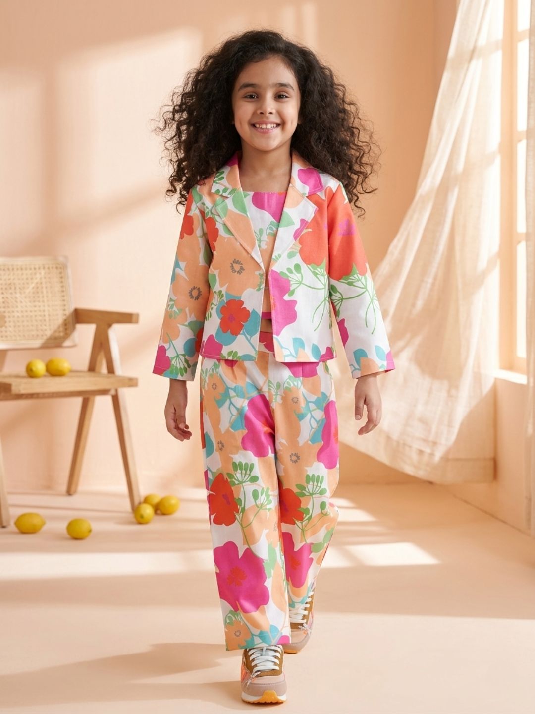Multi Cotton 3/4th Sleeves Floral Print Girls Co-Ords  for Girls - AJ Dezines
