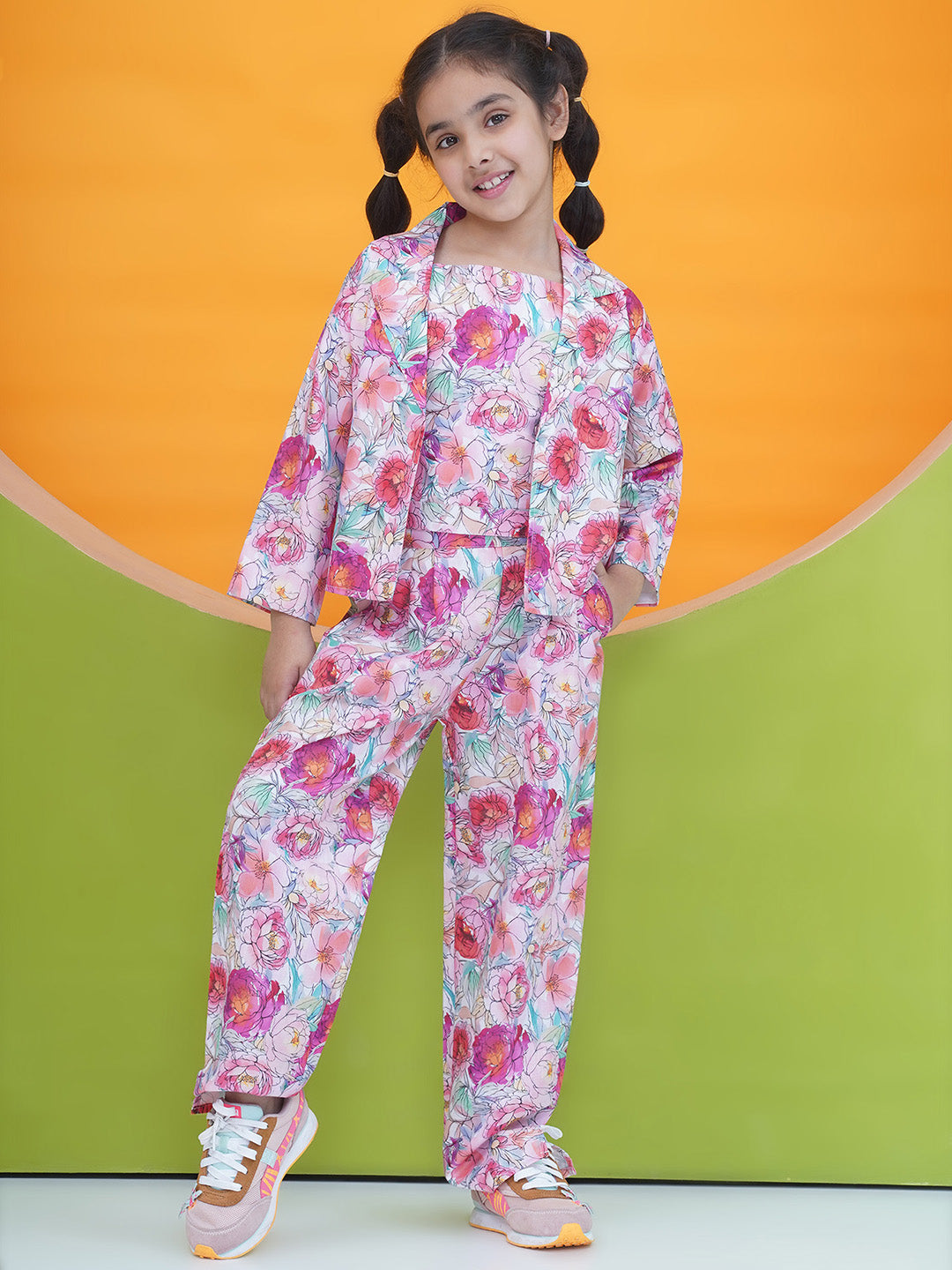 Pink Cotton 3/4th Sleeves Floral Print Girls Co-Ords  for Girls - AJ Dezines