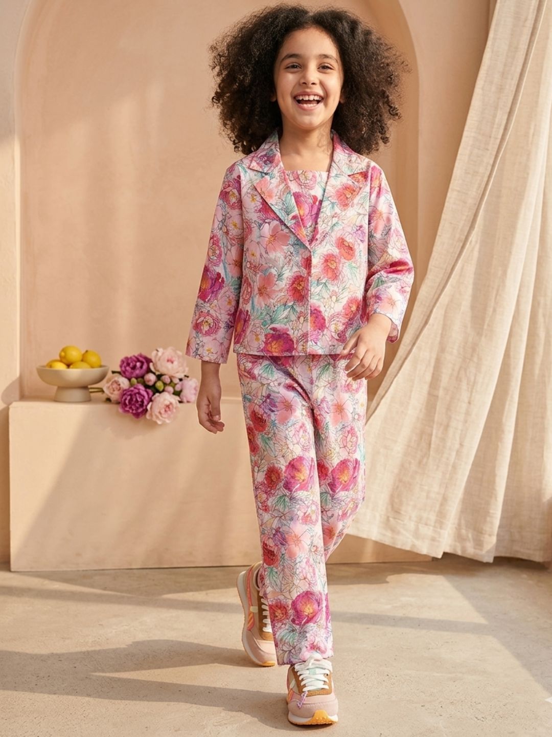 Pink Cotton 3/4th Sleeves Floral Print Girls Co-Ords  for Girls - AJ Dezines