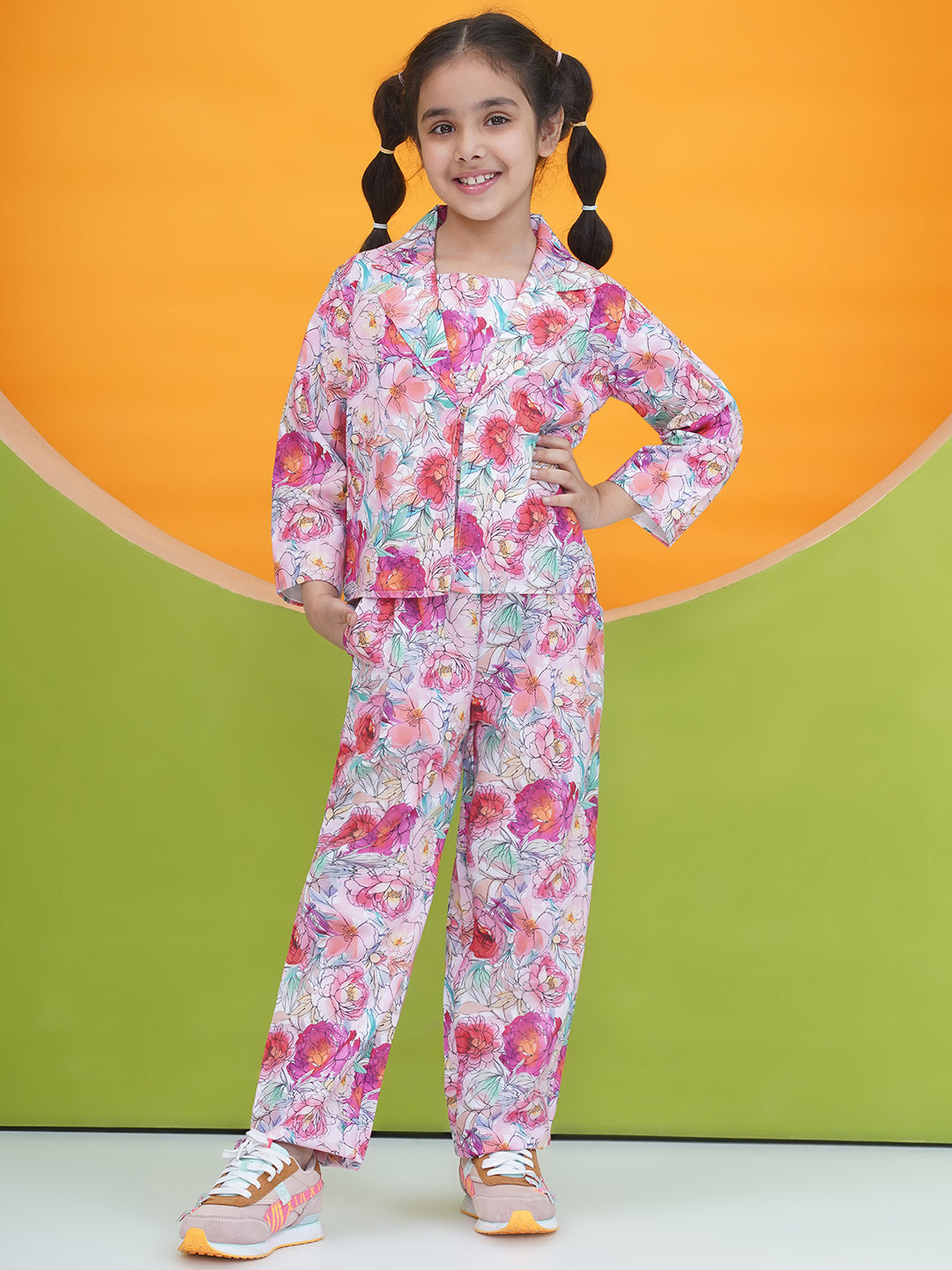 Pink Cotton 3/4th Sleeves Floral Print Girls Co-Ords  for Girls - AJ Dezines
