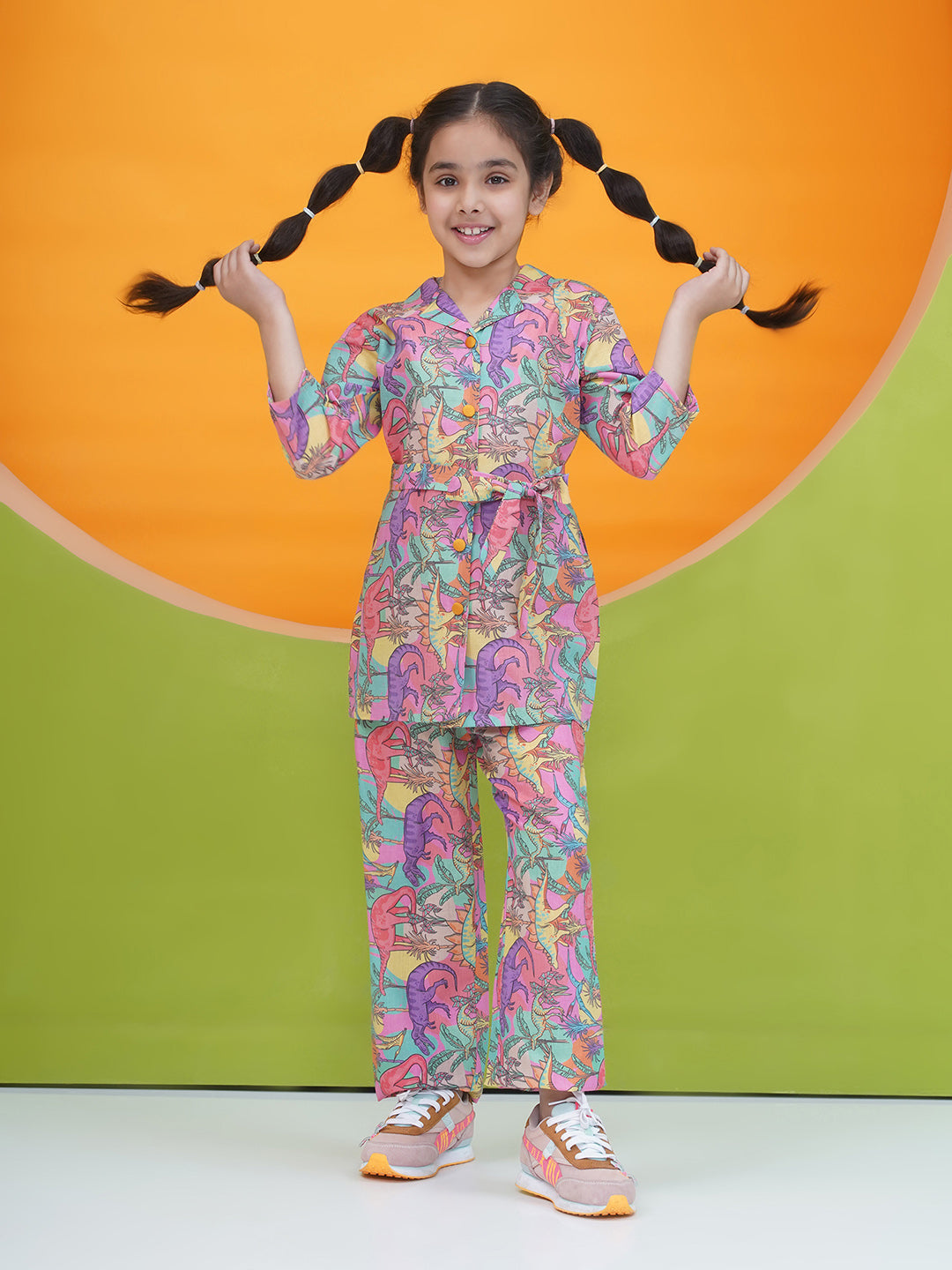 Pink Cotton 3/4th Sleeves Dinosaur Print Girls Co-Ords  for Girls - AJ Dezines