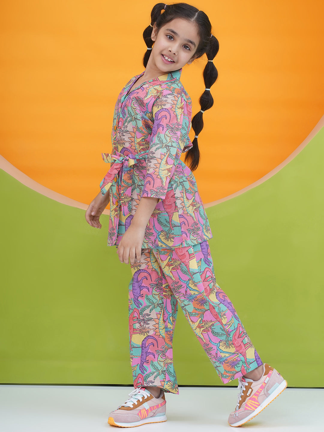 Pink Cotton 3/4th Sleeves Dinosaur Print Girls Co-Ords  for Girls - AJ Dezines