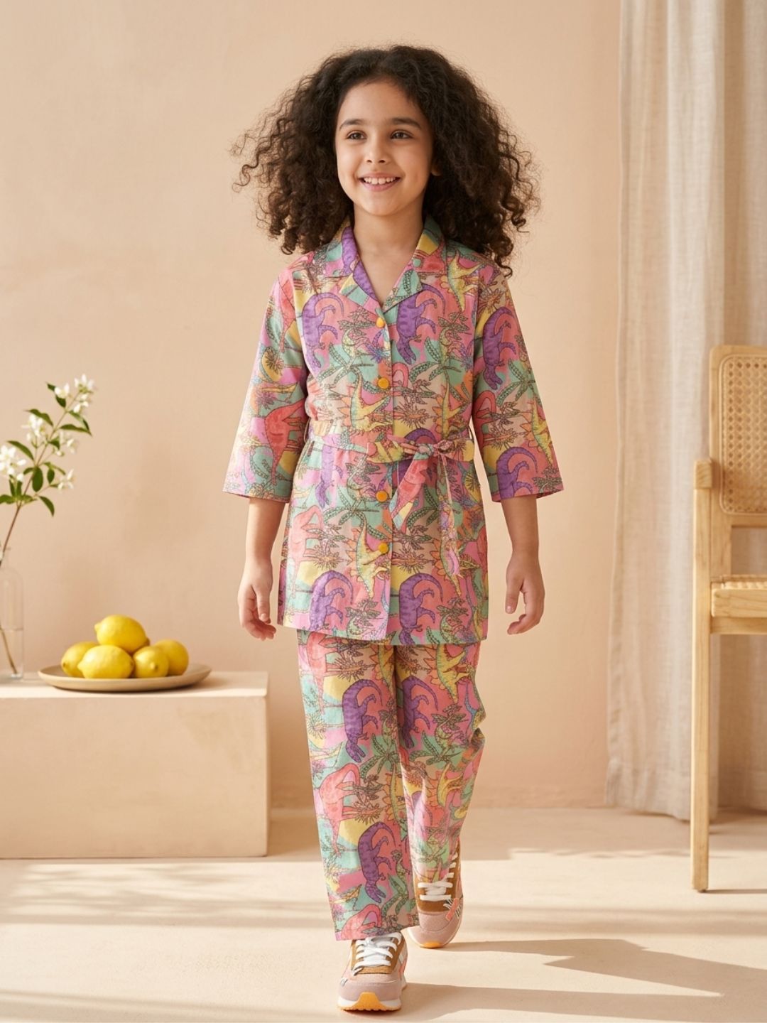 Pink Cotton 3/4th Sleeves Dinosaur Print Girls Co-Ords  for Girls - AJ Dezines