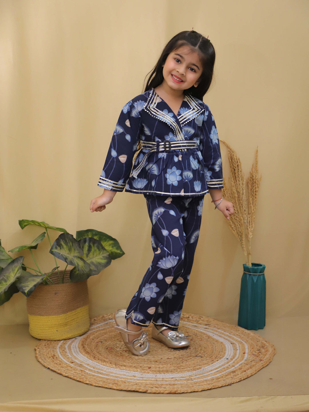 Blue 3/4th Sleeves Floral Print Cotton Co-Ord Sets For Girls - AJ Dezines