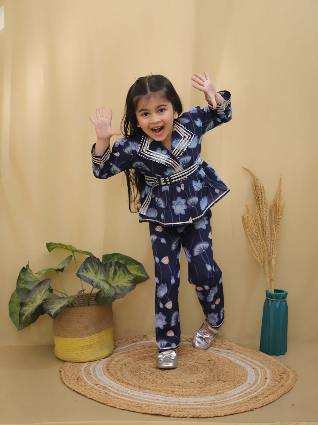 Blue 3/4th Sleeves Floral Print Cotton Co-Ord Sets For Girls - AJ Dezines