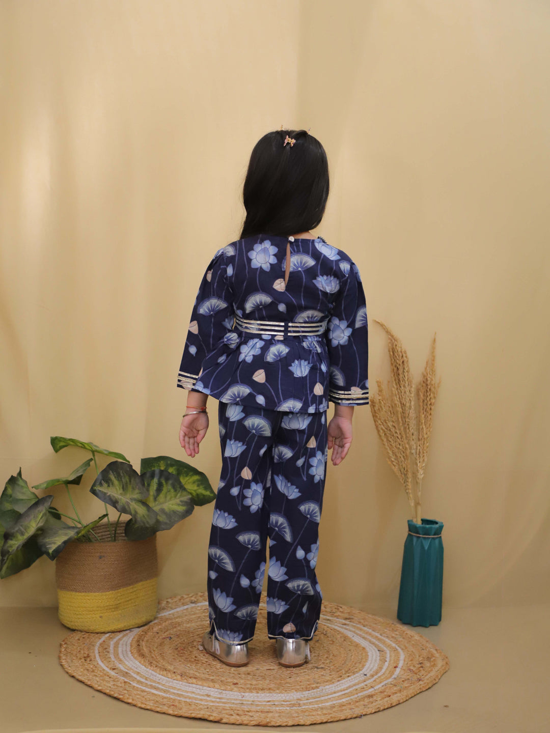 Blue 3/4th Sleeves Floral Print Cotton Co-Ord Sets For Girls - AJ Dezines