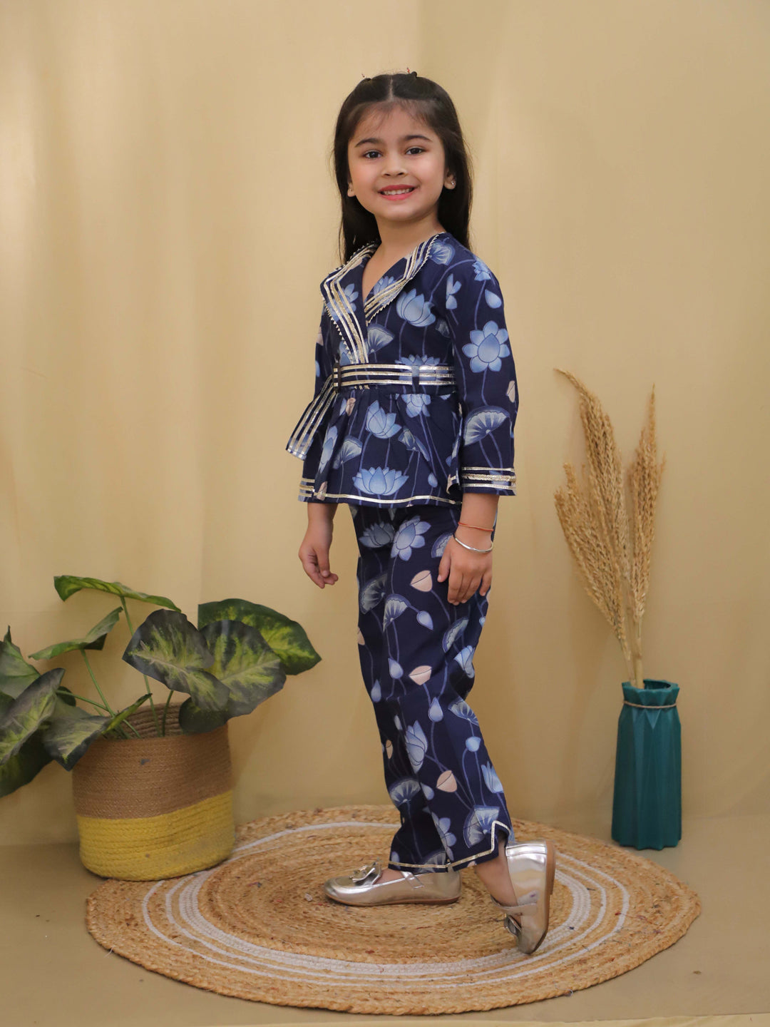 Blue 3/4th Sleeves Floral Print Cotton Co-Ord Sets For Girls - AJ Dezines