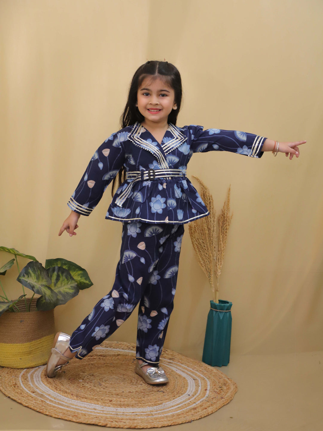 Blue 3/4th Sleeves Floral Print Cotton Co-Ord Sets For Girls - AJ Dezines