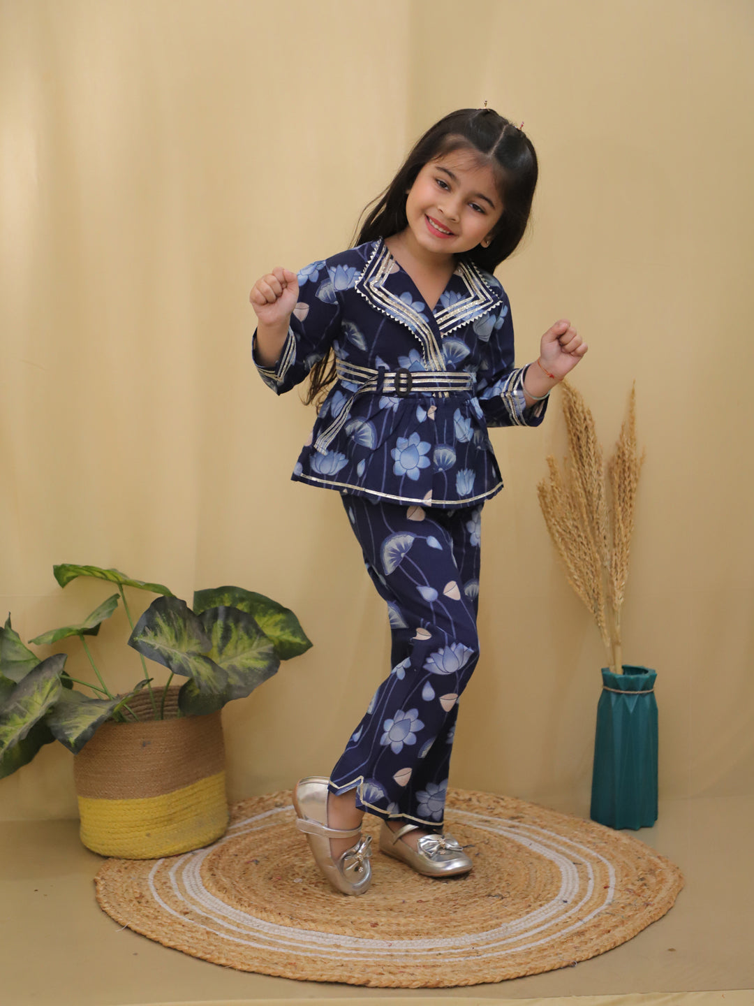 Blue 3/4th Sleeves Floral Print Cotton Co-Ord Sets For Girls - AJ Dezines