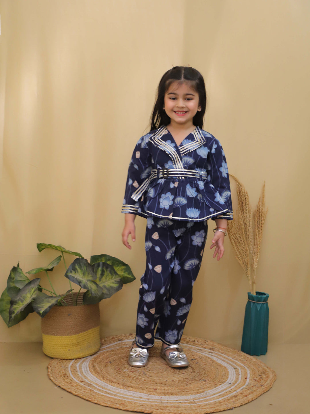 Blue 3/4th Sleeves Floral Print Cotton Co-Ord Sets For Girls - AJ Dezines