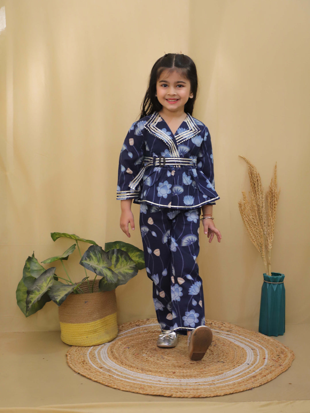 Blue 3/4th Sleeves Floral Print Cotton Co-Ord Sets For Girls - AJ Dezines