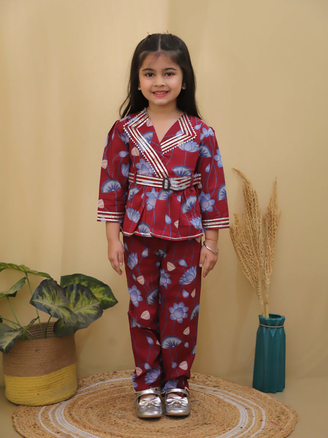 Maroon 3/4th Sleeves Floral Print Cotton Co-Ord Sets For Girls - AJ Dezines