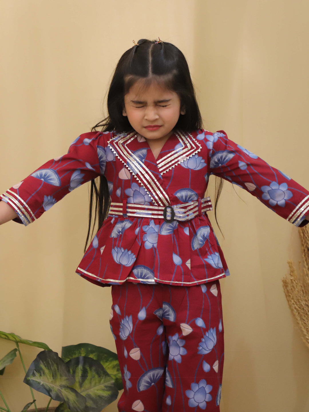 Maroon 3/4th Sleeves Floral Print Cotton Co-Ord Sets For Girls - AJ Dezines