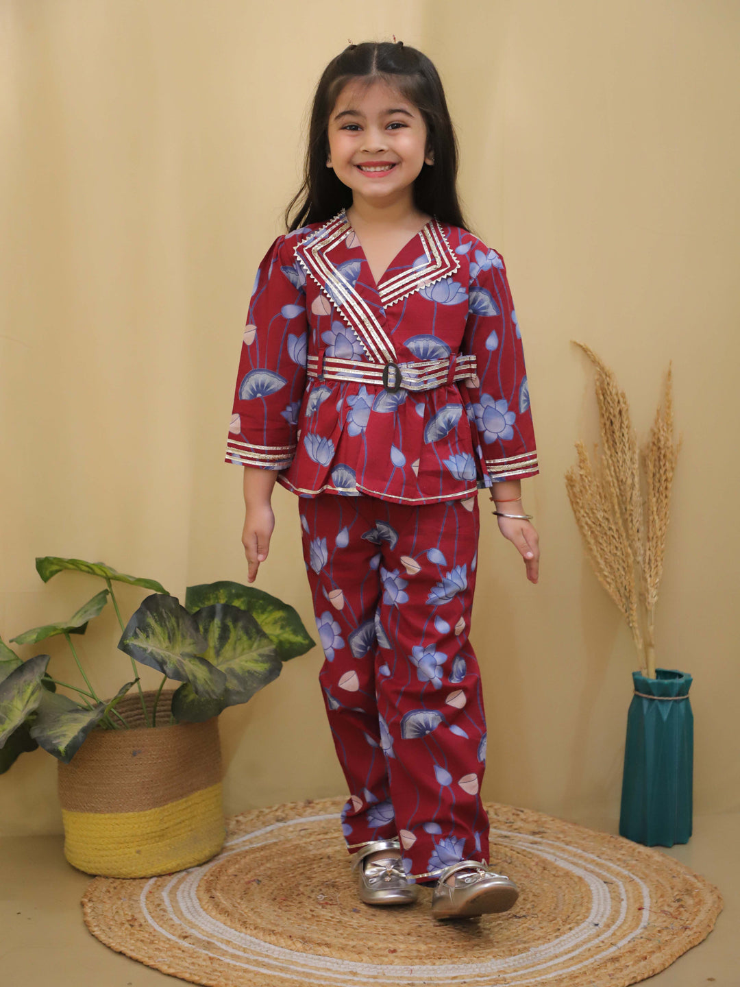 Maroon 3/4th Sleeves Floral Print Cotton Co-Ord Sets For Girls - AJ Dezines