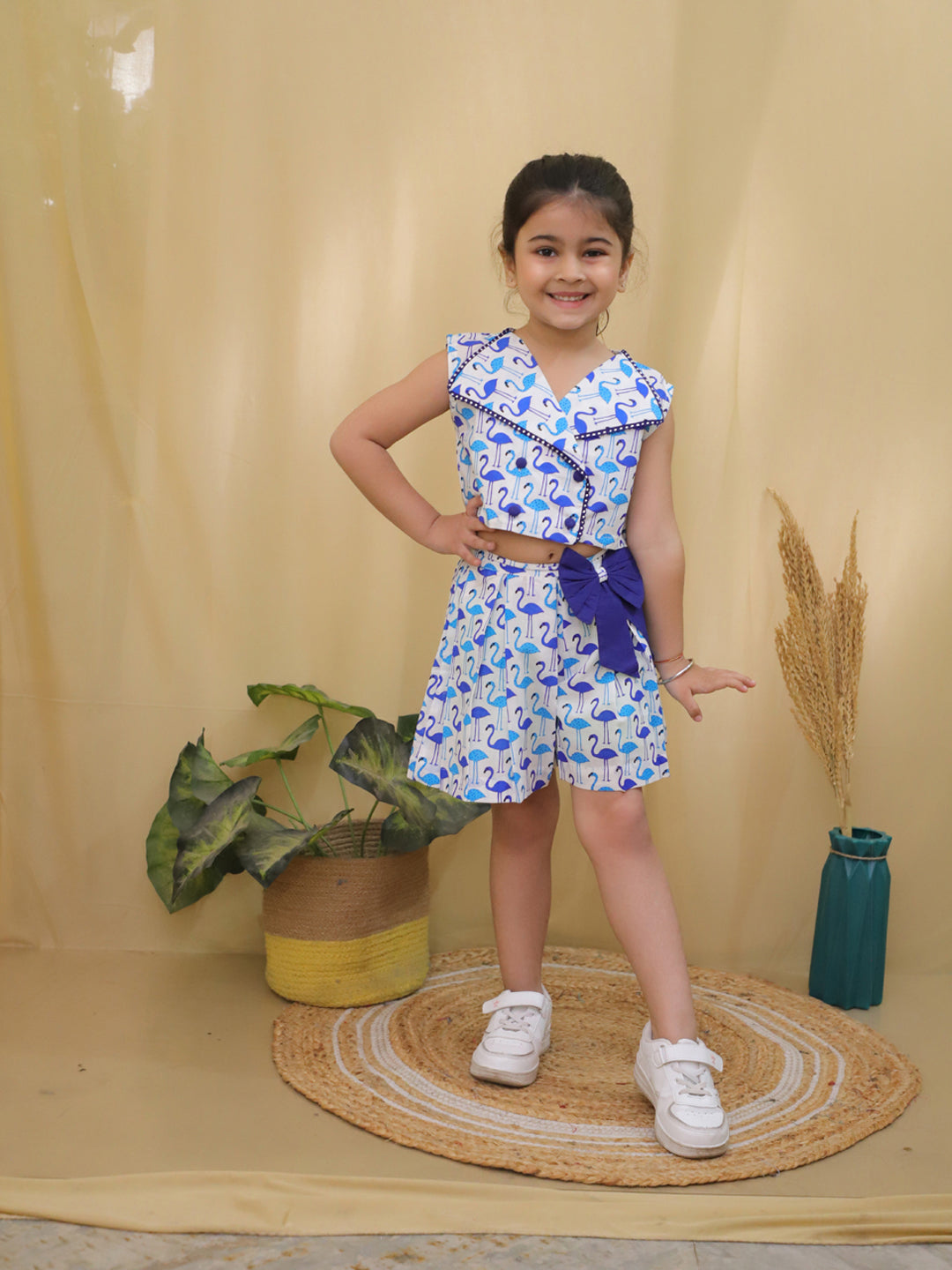 Blue Sleeveless Swan Print Cotton Co-Ord Sets For Girls - AJ Dezines