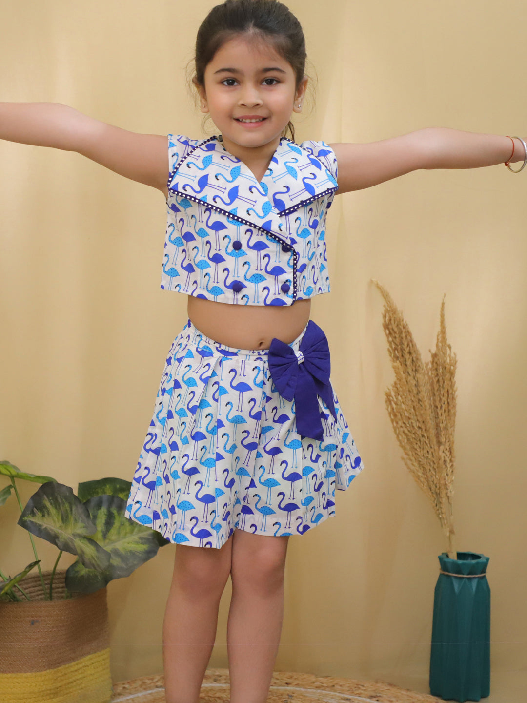 Blue Sleeveless Swan Print Cotton Co-Ord Sets For Girls - AJ Dezines