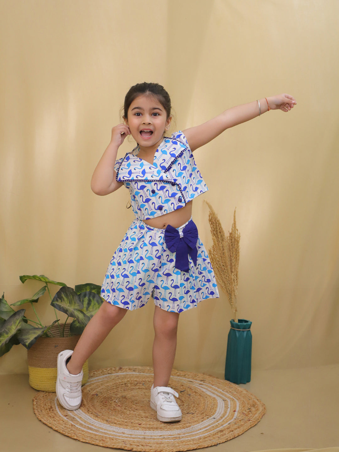 Blue Sleeveless Swan Print Cotton Co-Ord Sets For Girls - AJ Dezines